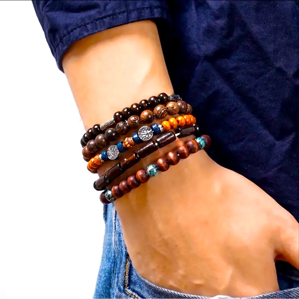 5 Pcs/Set Vintage-Inspired Simple Fashion Elastic Wooden‎ Bead Couple Bracelet